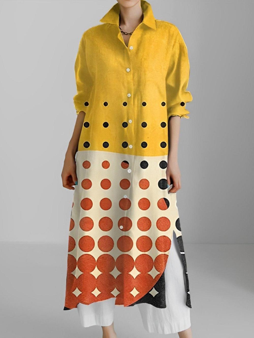 Women Casual Geometric Printing Shirt Collar Midi Dress | Shirt Dresses