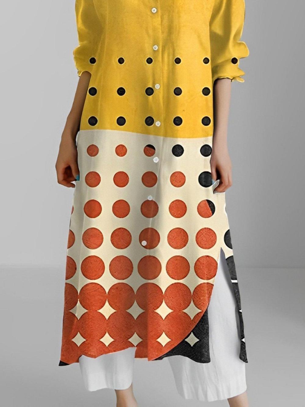 Women Casual Geometric Printing Shirt Collar Midi Dress | Shirt Dresses