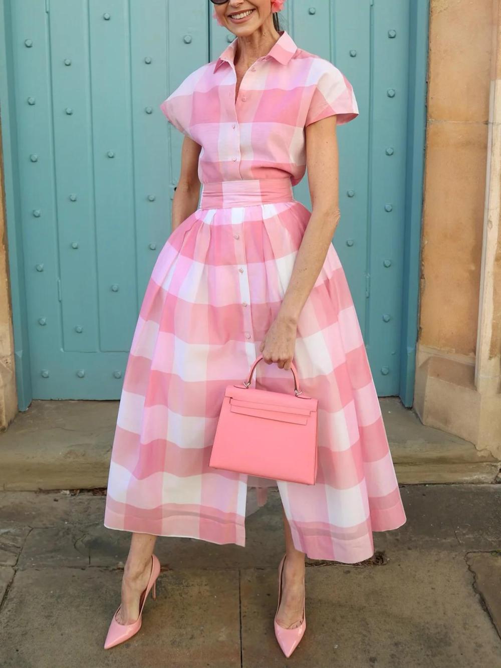 Women Casual Plaid Printing Raglan Sleeve Shirt Collar Midi Dress With Belt | Shirt Dresses