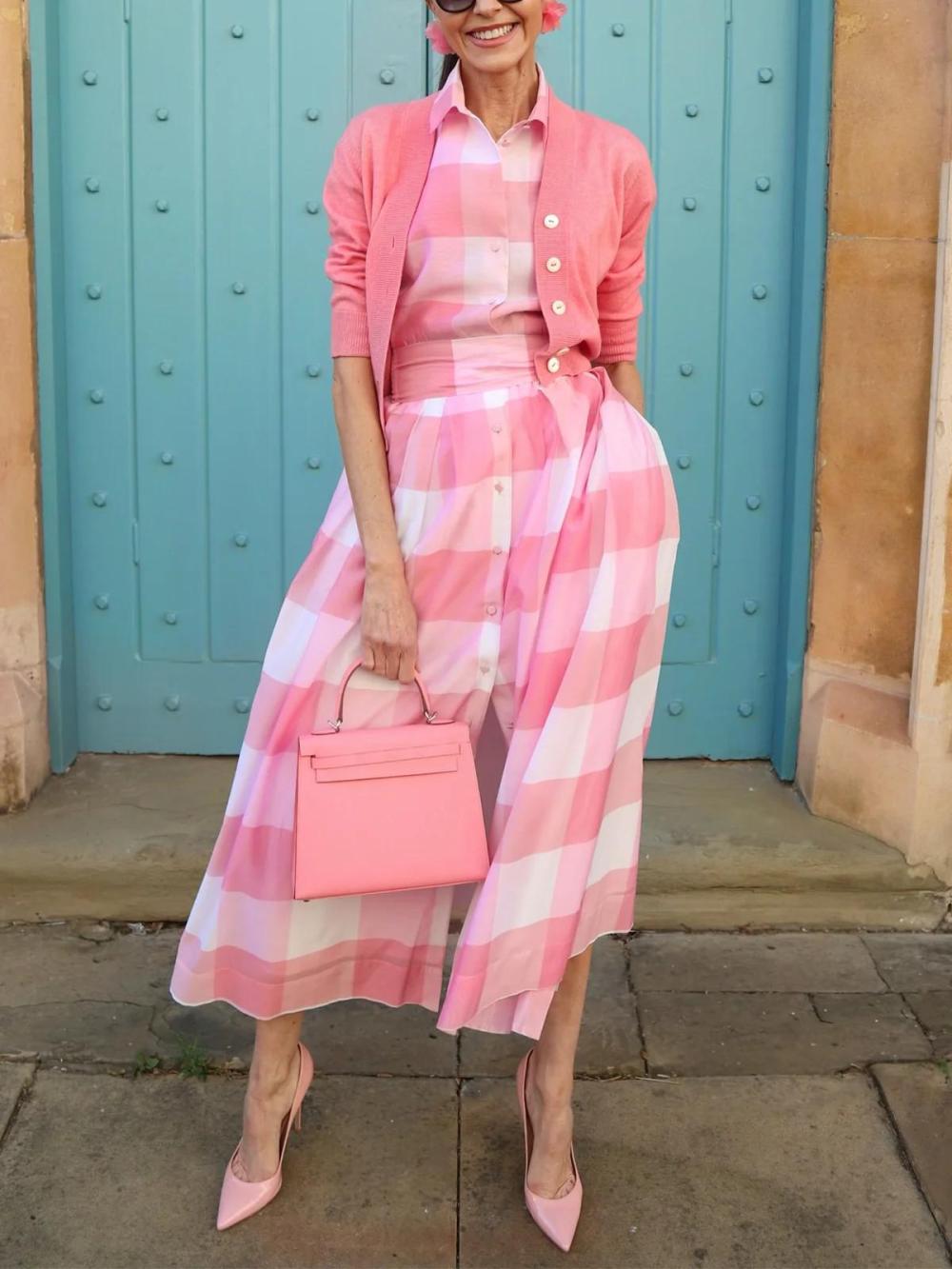 Women Casual Plaid Printing Raglan Sleeve Shirt Collar Midi Dress With Belt | Shirt Dresses