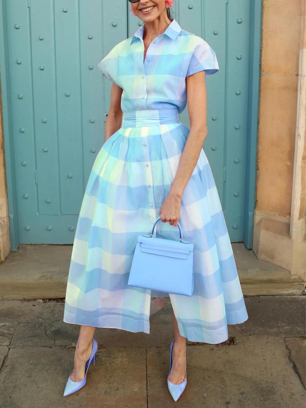 Women Casual Plaid Printing Raglan Sleeve Shirt Collar Midi Dress With Belt | Shirt Dresses