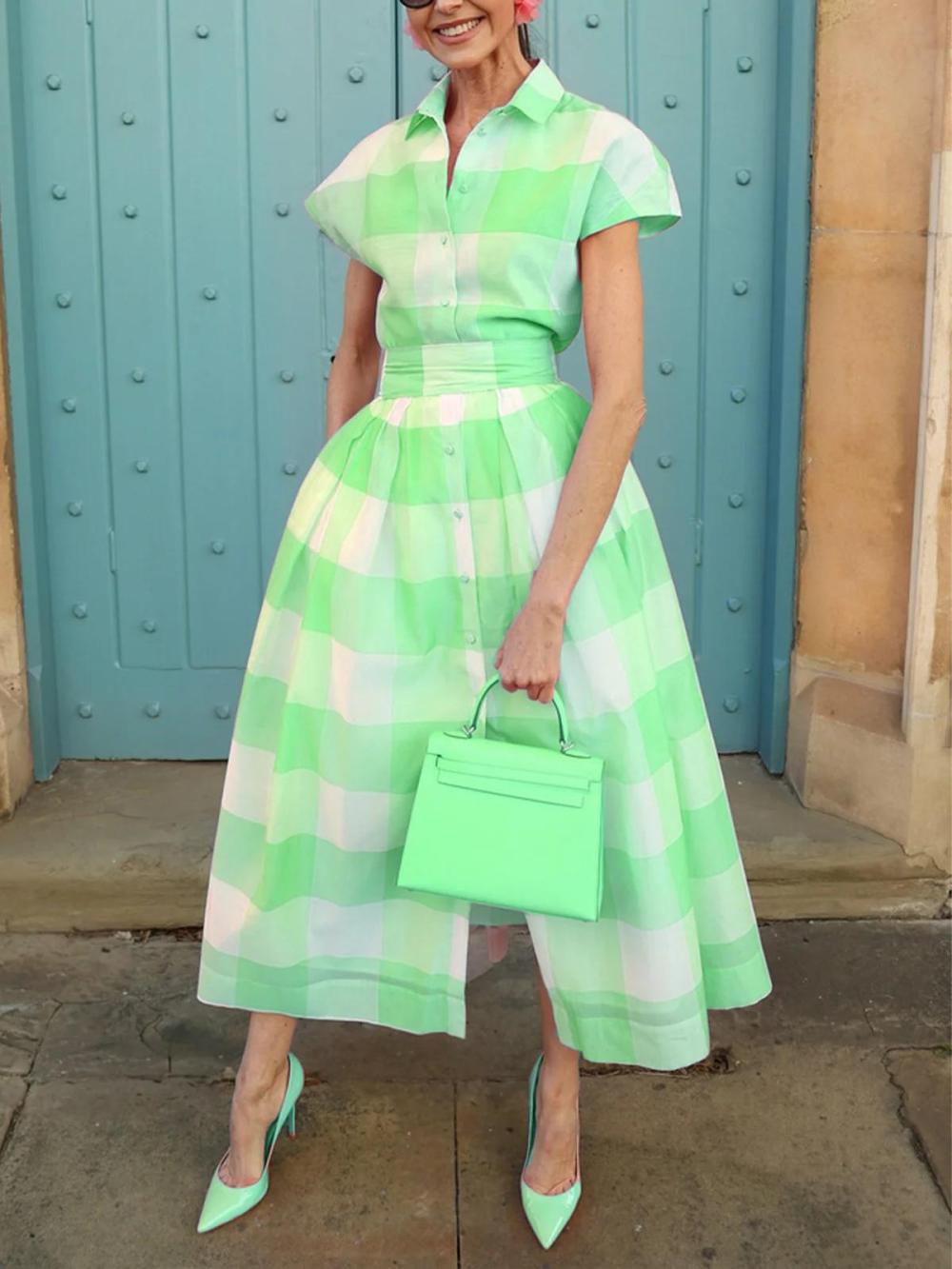 Women Casual Plaid Printing Raglan Sleeve Shirt Collar Midi Dress With Belt | Shirt Dresses