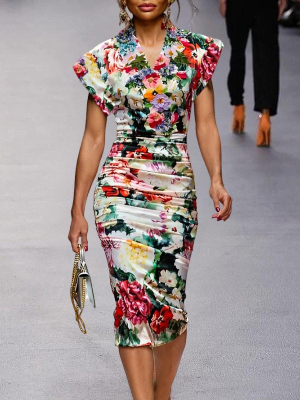 Women Elegant Floral V Neck Midi Dress | Floral Dresses