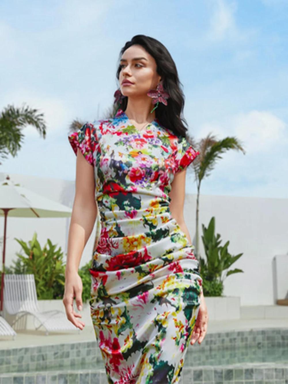 Women Elegant Floral V Neck Midi Dress | Floral Dresses