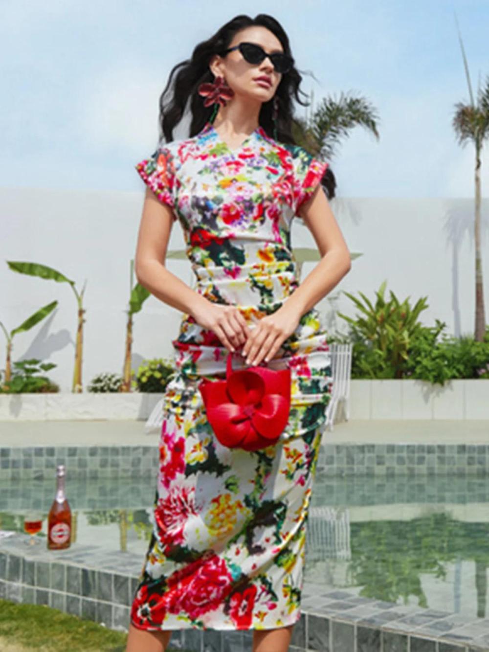 Women Elegant Floral V Neck Midi Dress | Floral Dresses